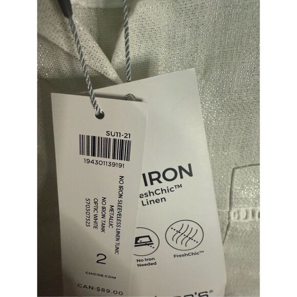 NWT Chico’s NO IRON SLEEVELESS LINEN TUNIC METALLIC NO IRON TANK OPTIC WHITE - Picture 3 of 6